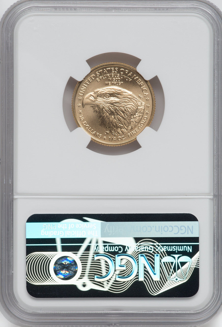 2021-W $10 Mint Error 1/4 oz Gold Eagle Type 2 With W NGC MS70 Ron Harrigal Signed