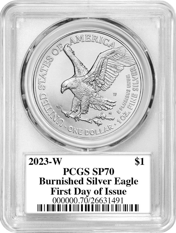 2023-W Burnished Silver Eagle First Day of Issue PCGS MS70 Damstra Signed