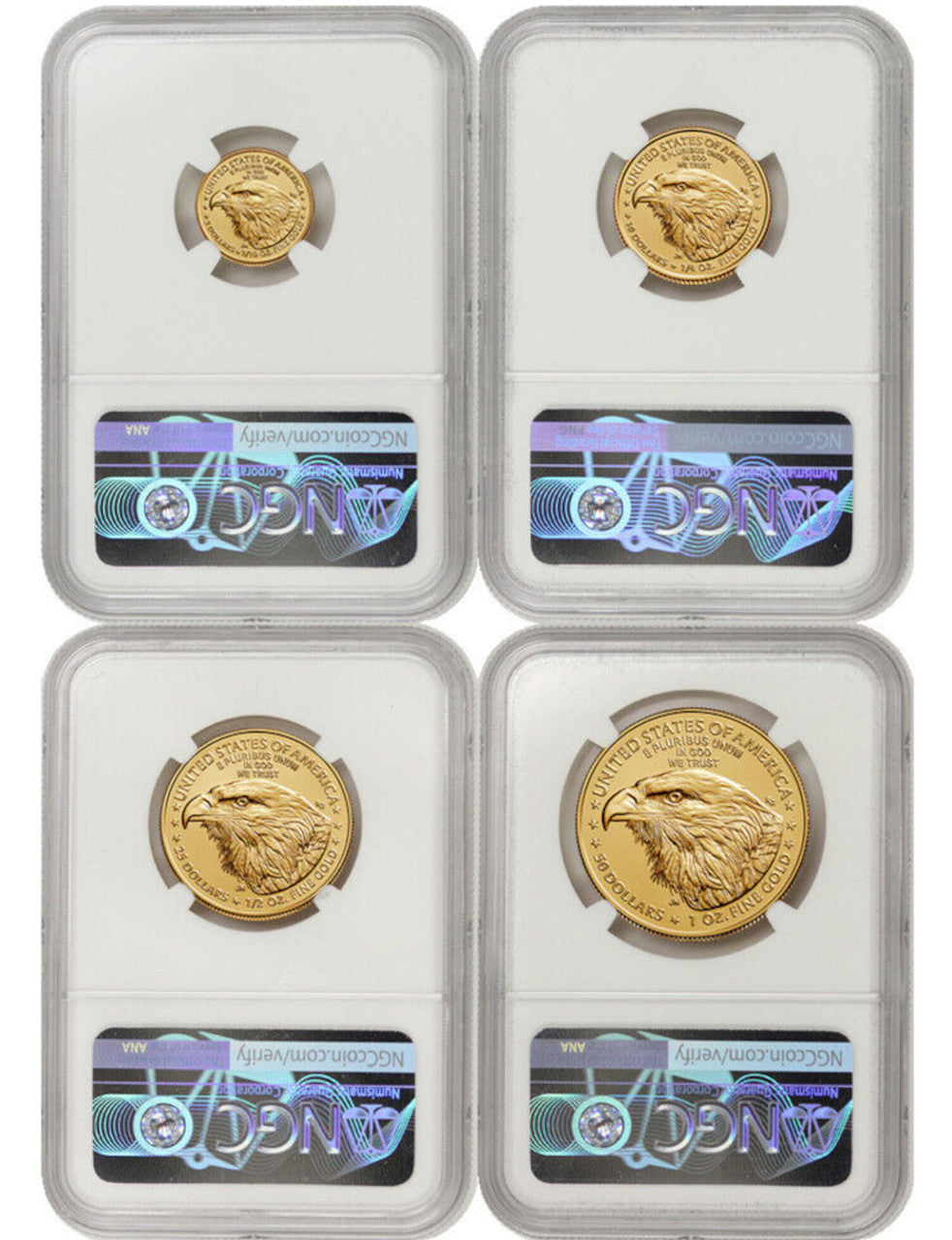 2025 Gold Eagle 4-Coin Set First Day of Issue NGC MS70 Ron Harrigal Signed