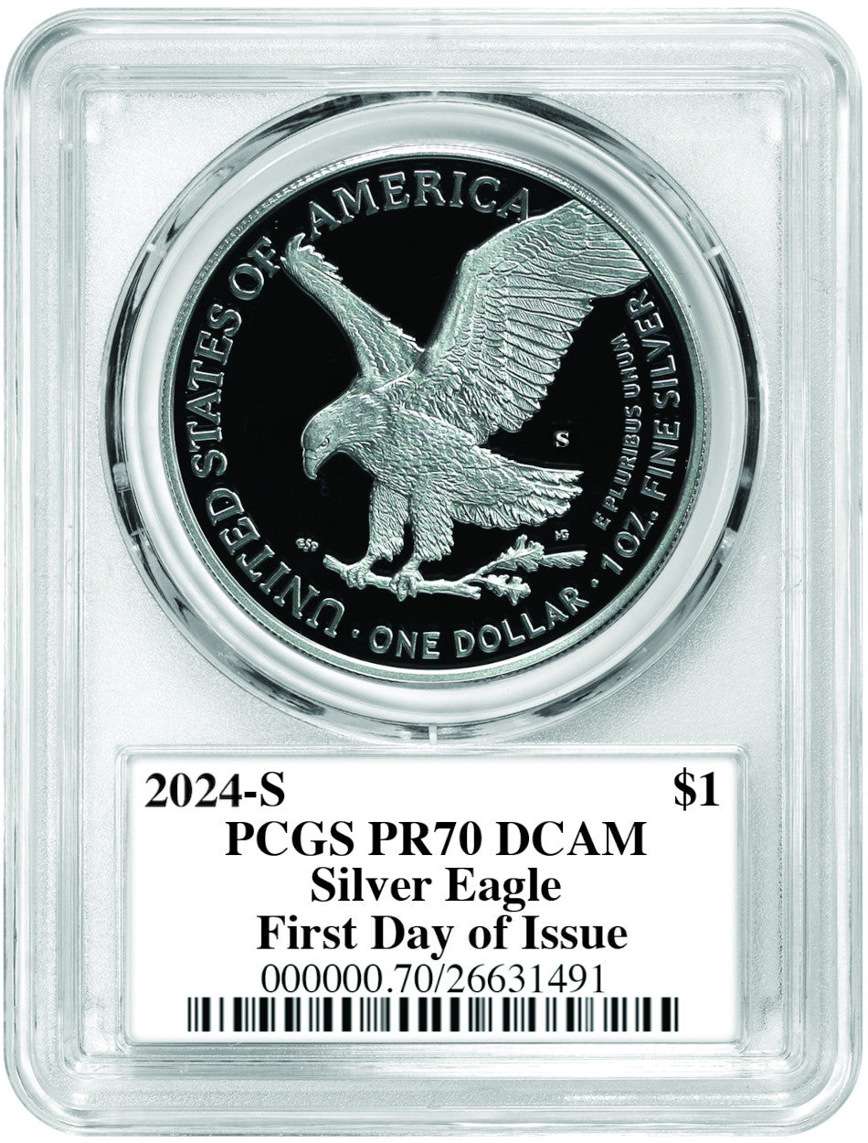 2024-S American Silver Eagle First Day of Issue PR70 PCGS Damstra