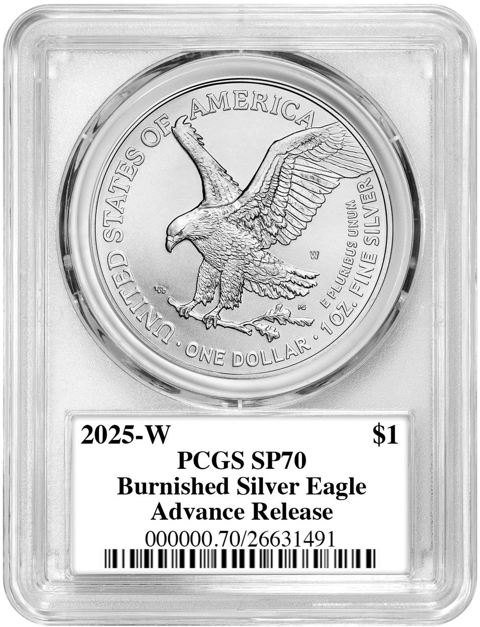 2025-W Burnished Silver Eagle Advanced Release PCGS SP70 Damstra Signed