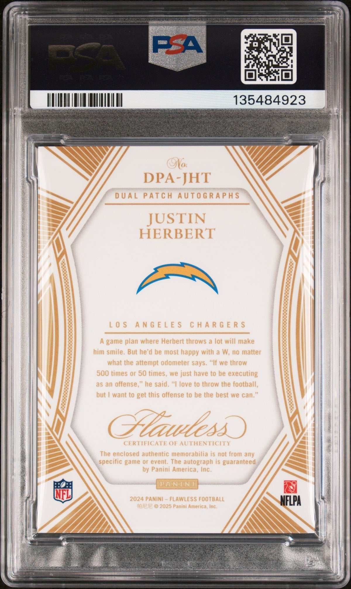 2024 Panini Flawless Dual Patch Autograph Sapphire Justin Herbert #DPA-JHT /10 PSA 8