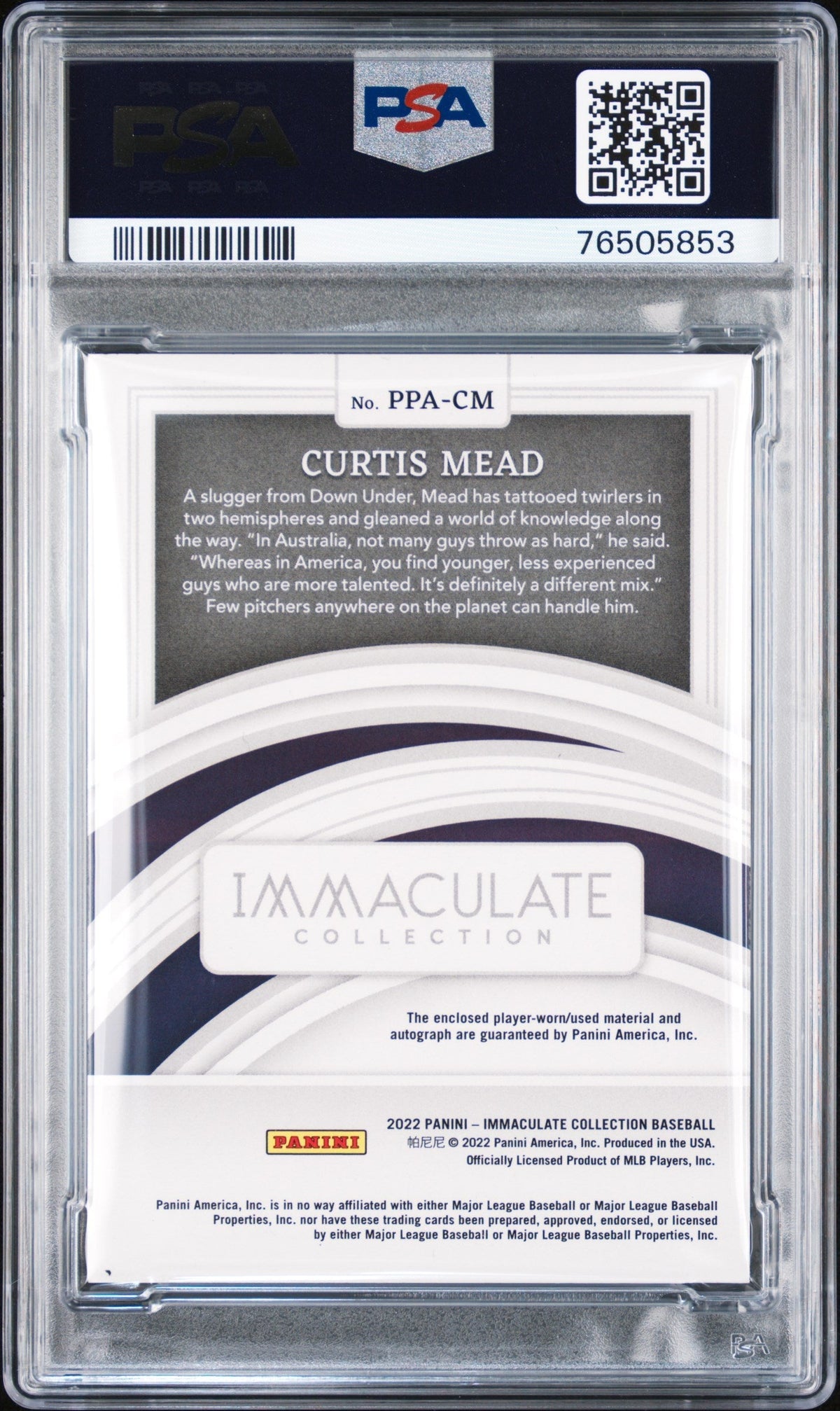 2022 Panini Immaculate Patch Auto Curtis Mead #PPACM Pros. Au Silver /25 PSA 10