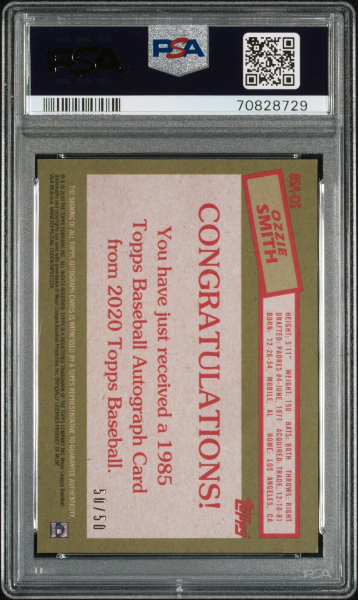 2020 Topps 1985 Topps 35th Anniversary Auto Ozzie Smith #85AOS '85 Gold PSA 8