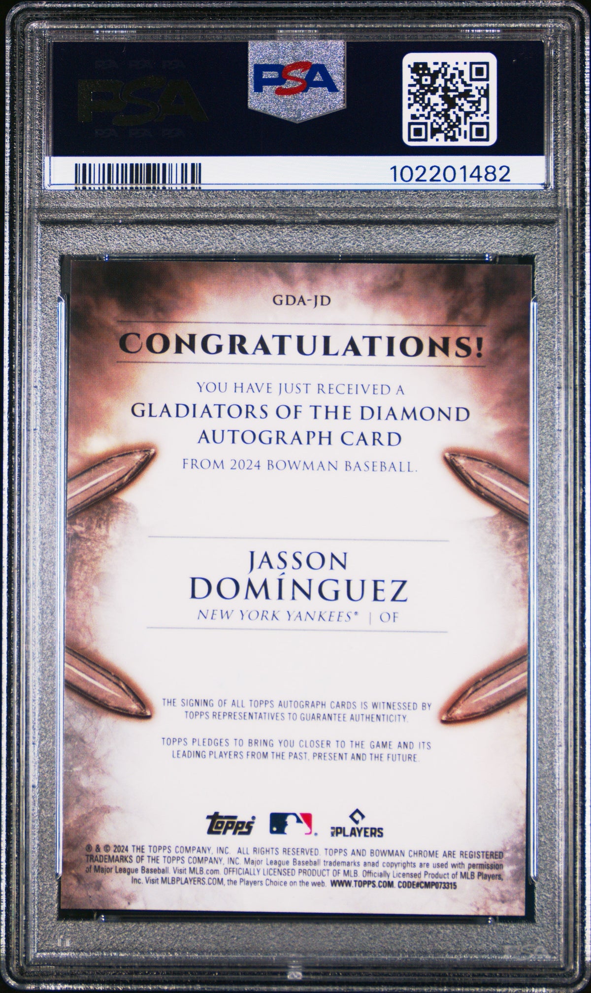2024 Bowman Gladiators Diamond Auto Jasson Dominguez #GDAJD Gold 32/60 PSA 10