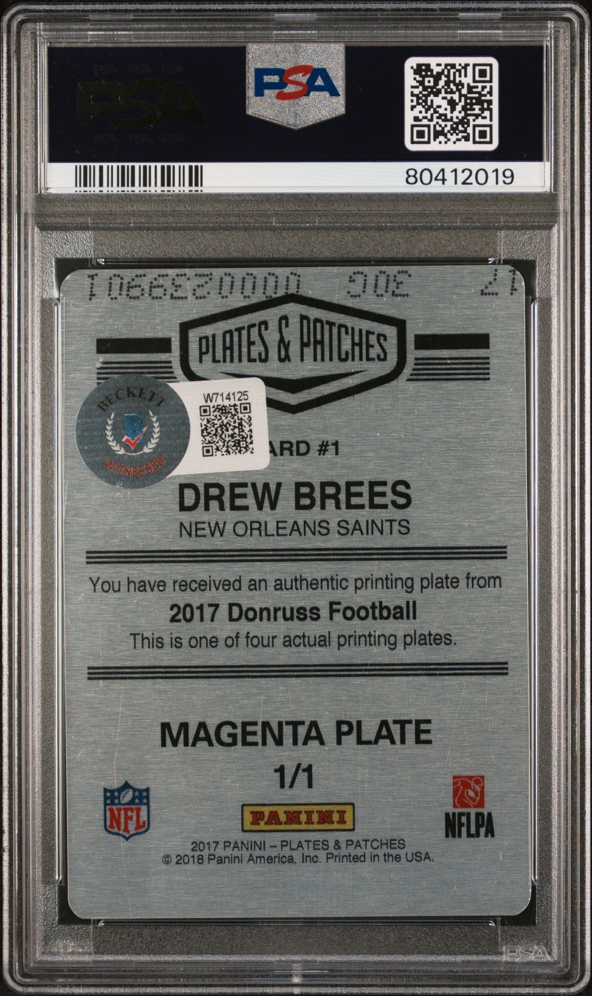 2017 Panini Plates & Patches Printing Plate Drew Brees Mag. PP 1/1 PSA A Auto 8