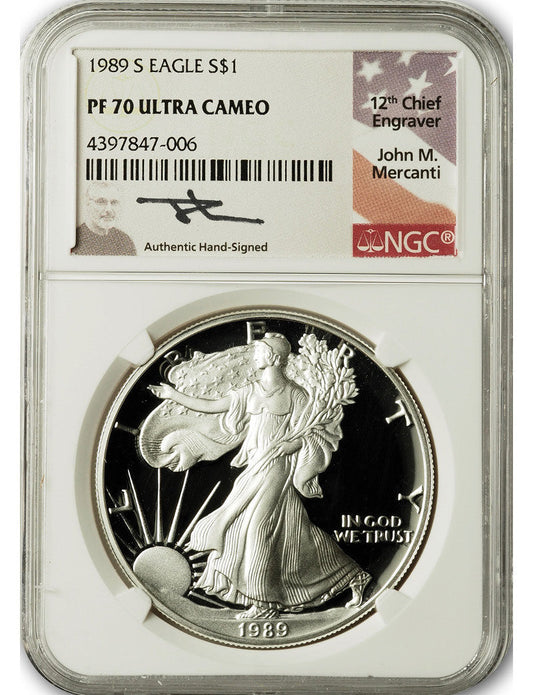 1989-S American Silver Eagle NGC PF70 UCAM Mercanti Signed