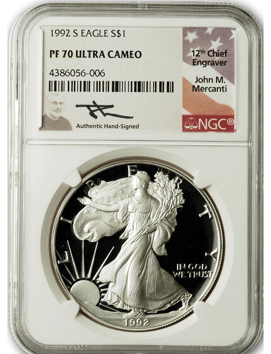 1992-S American Silver Eagle NGC PF70 UCAM Mercanti Signed