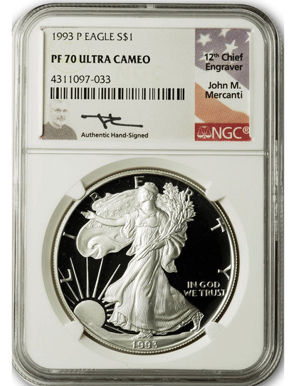 1993-P American Silver Eagle NGC PF70 UCAM Mercanti Signed
