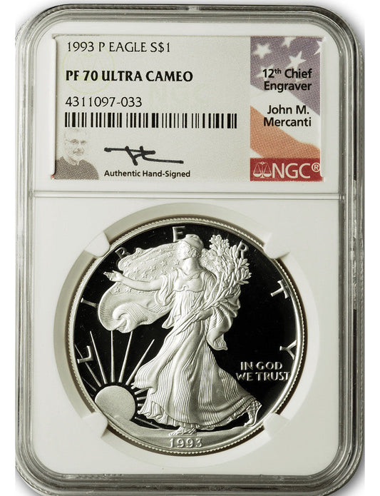 1993-P American Silver Eagle NGC PF70 UCAM Mercanti Signed