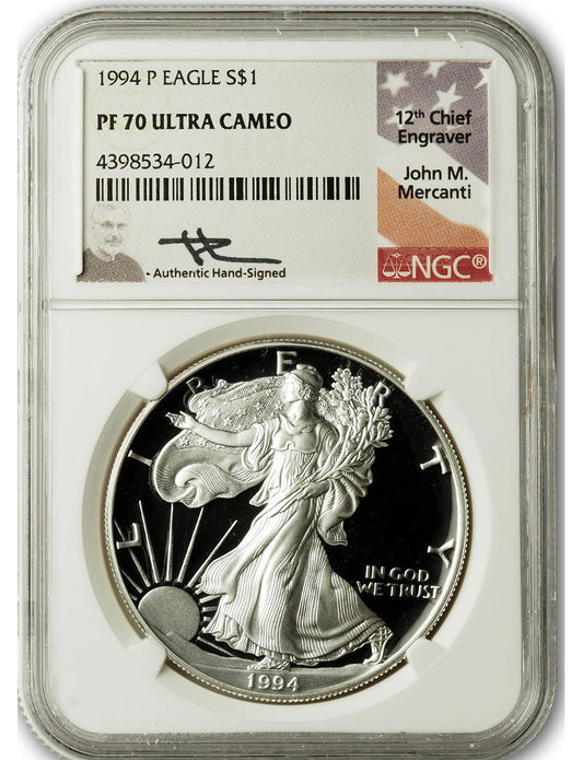 1994-P American Silver Eagle NGC PF70 UCAM Mercanti Signed