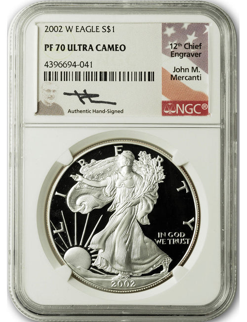 2002-W American Silver Eagle NGC PF70 UCAM Mercanti Signed