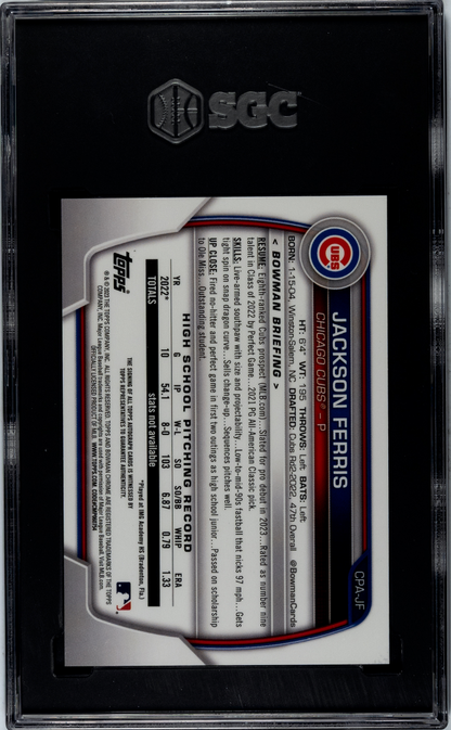 2023 Bowman Chrome Blue Refractor Jackson Ferris #CPA-JF Auto/150 SGC 10 Auto 10
