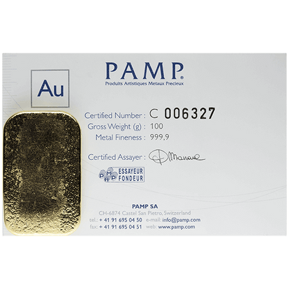 100 Gram Gold Pamp Suisse Bar w/Assay