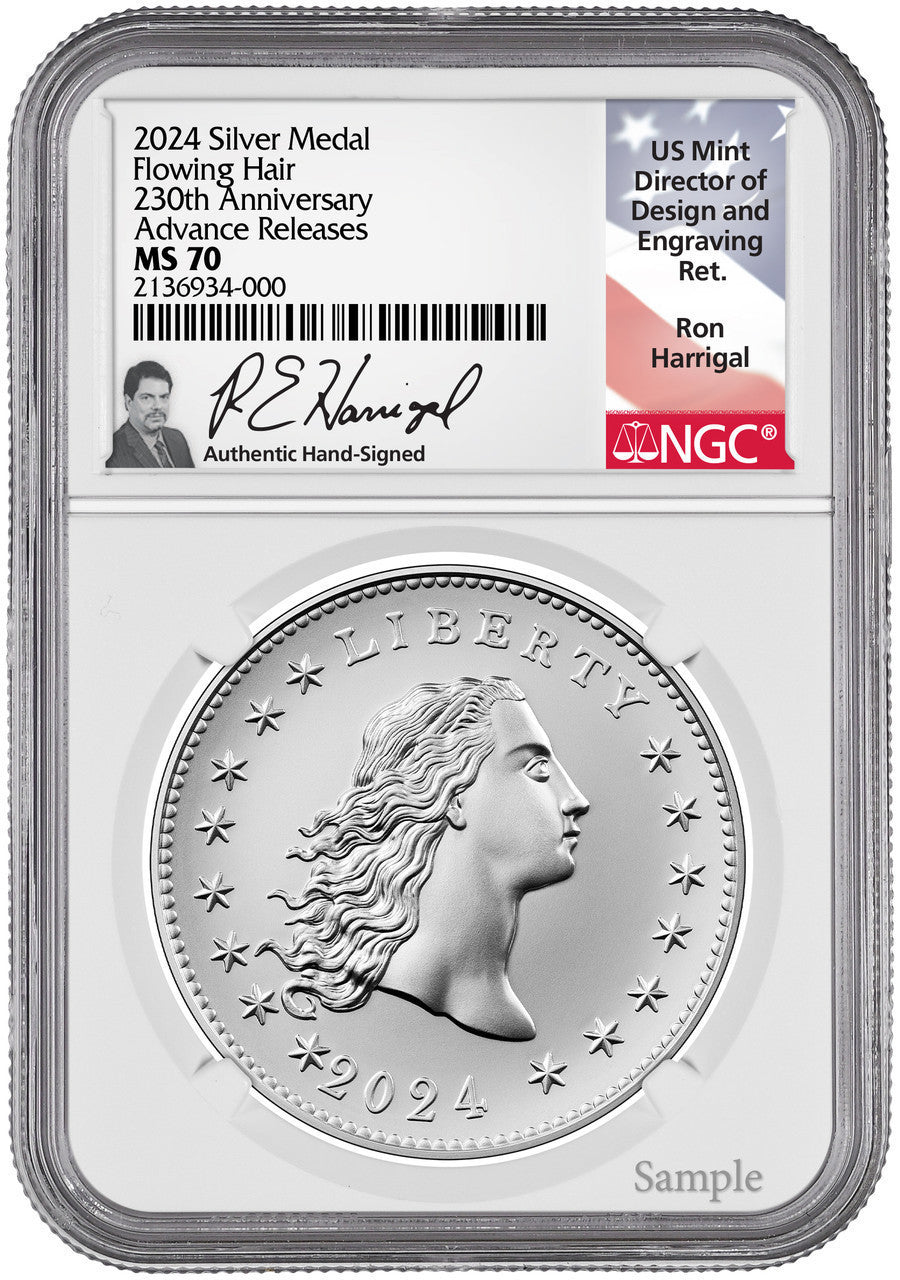 2024 230th Anniversary Flowing Hair Silver Medal 219 of 230 Privy NGC MS70 AR Harrigal