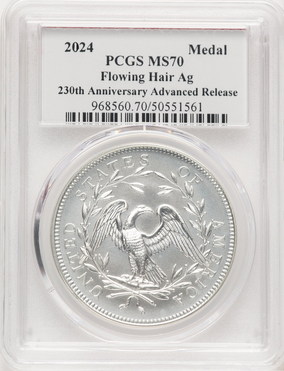 2024-(P) Silver 230th Anniv Flowing Hair AG Medal AR MS70 PCGS Dannreuther