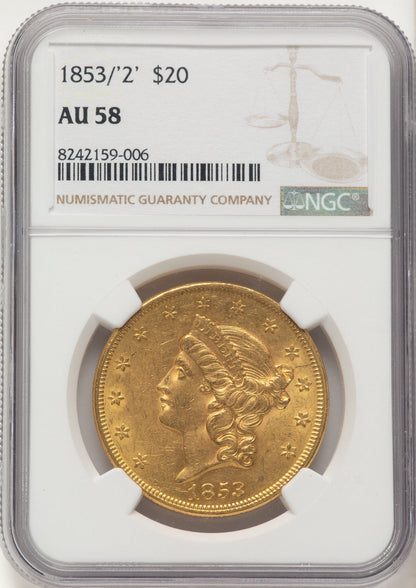 1853/2 $20 Liberty Double Eagle NGC AU58