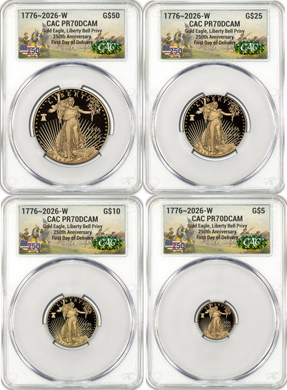2026-W Proof Gold Eagle 250 Liberty Bell 4-Coin Set FDD CAC PR70 (1776-2026)