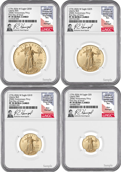 2026-W Proof Gold Eagle Liberty Bell 4-Coin Set FDI NGC PF70 Harrigal (1776-2026)