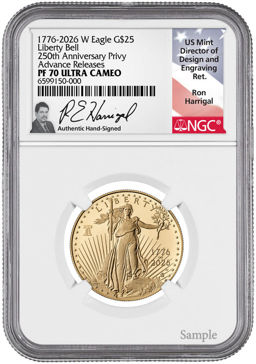 2026-W 1/2 oz Proof Gold Eagle 250 Liberty Bell AR NGC PF70 Harrigal (1776-2026)