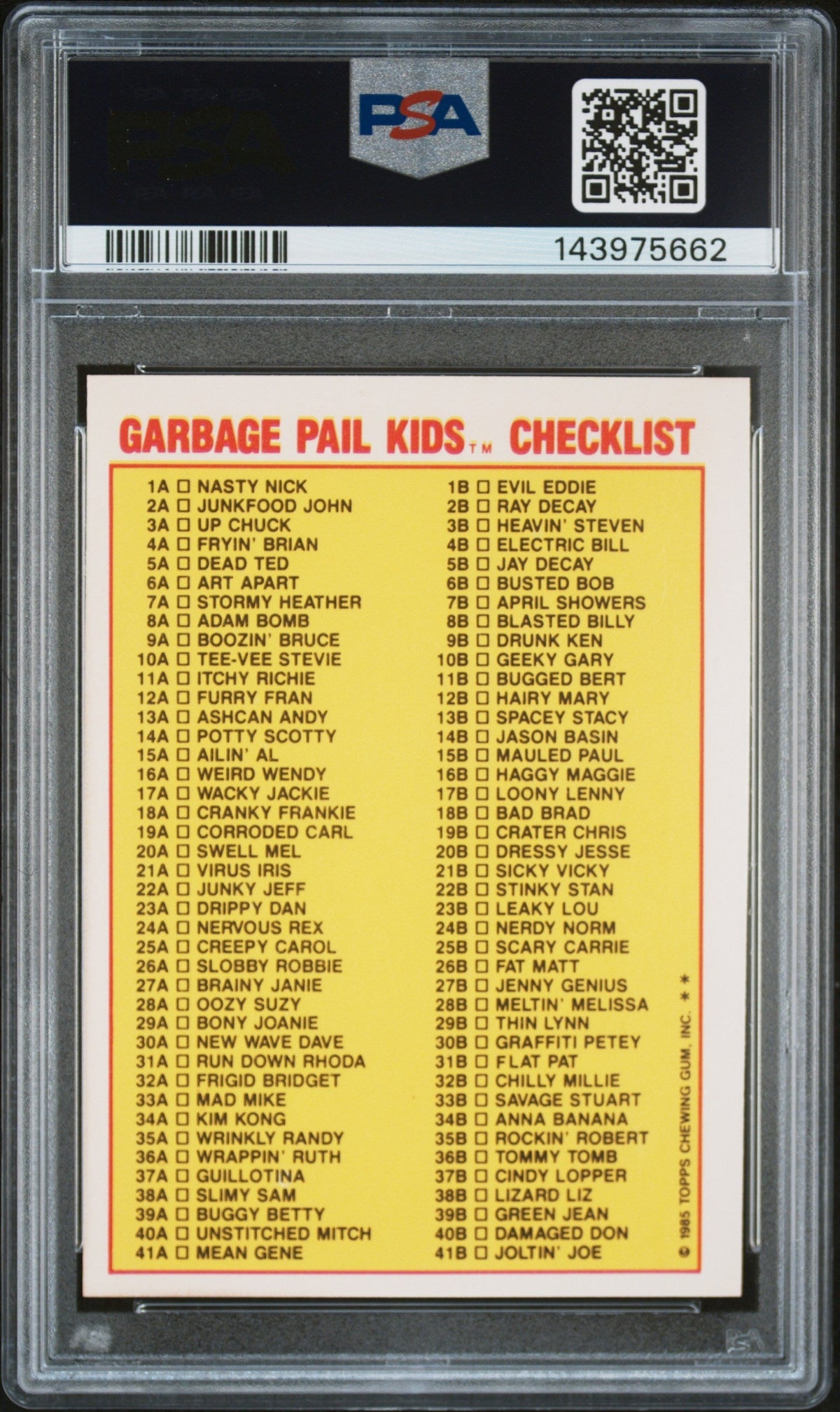 1985 Garbage Pail Kids Stickers Checklist-Glossy Bony Joanie #29a PSA 8