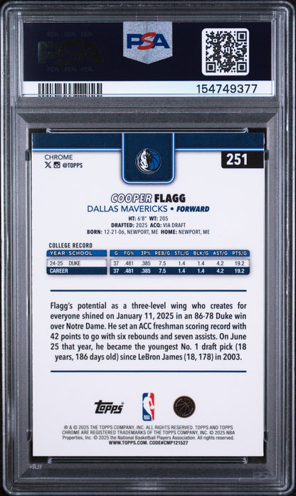 2025 Topps Chrome Basketball Refractor Cooper Flagg #251 PSA 9