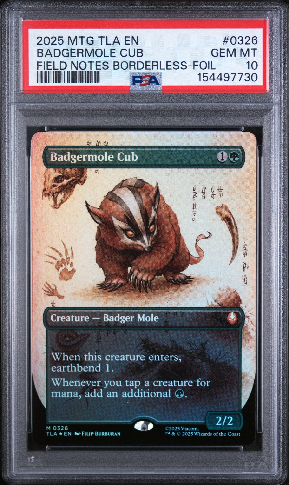 2025 Magic the Gathering Avatar: the Last Airbender Field Notes Borderless-Foil Badgermole Cub #0326 PSA 10