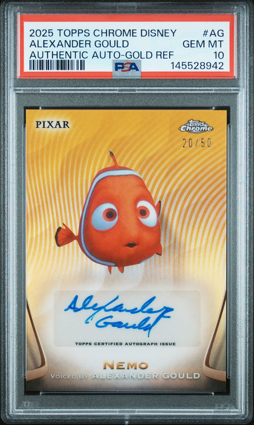 2025 Topps Chrome Disney Disney Chrome 2025 Authentic Autographs Gold Refractor Alexander Gould Nemo #AG /50 PSA 10