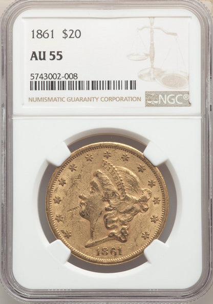 1861 $20 Liberty Gold Double Eagle NGC AU55
