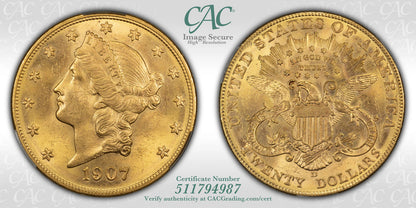 1907-D $20 Liberty Double Gold Eagle CACG MS63