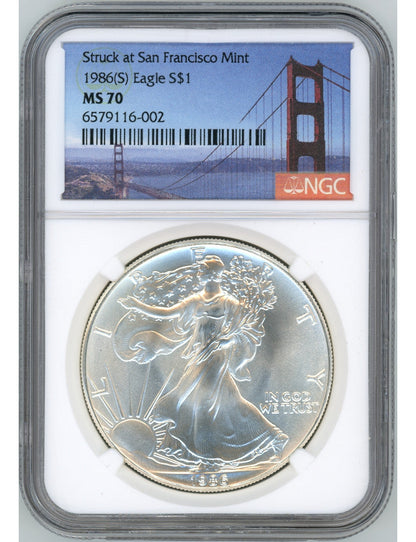 1986-S Silver American Eagle NGC MS70 Bridge Label - Low Mintage