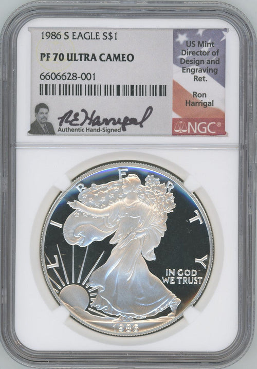 1986-S American Silver Eagle NGC PF70 UCAM Ron Harrigal Signed