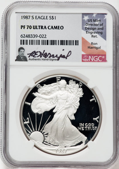 1987-S American Silver Eagle NGC PF70 Ultra Cameo Ron Harrigal Signed