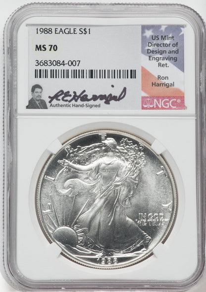 1988 American Silver Eagle NGC MS70 Ron Harrigal Signed