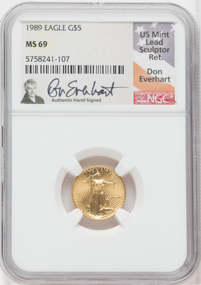 1989 $5 Tenth Ounce Gold Eagle NGC MS69 Don Everhart Signed