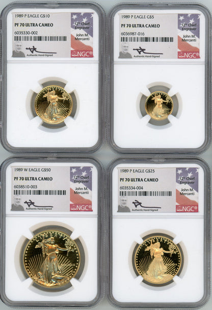 1989-P American Gold Eagle Proof 4-Coin Year Set NGC PF70 Mercanti Signed