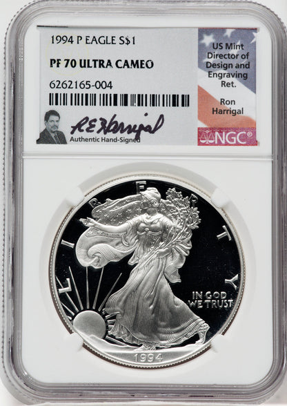 1994-P American Silver Eagle NGC PF70 Ultra Cameo Ron Harrigal Signed