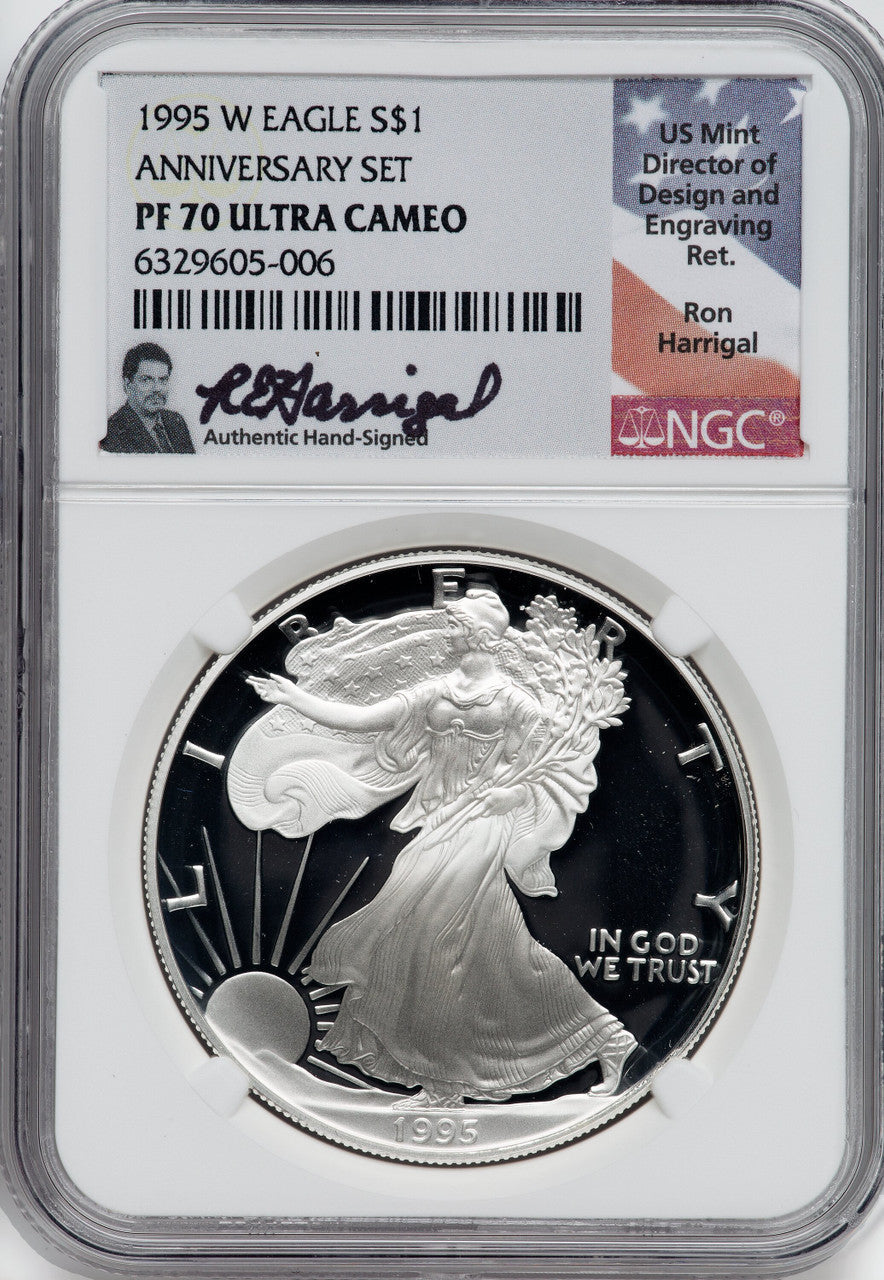 1995-W American Silver Eagle NGC PF70 Ultra Cameo Ron Harrigal Signed