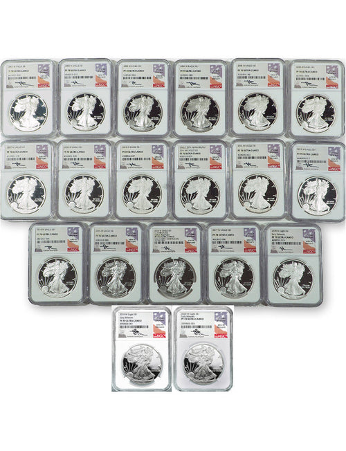 2001-2021 W Proof American Silver Eagle Set NGC PF70 Ultra Cameo Mercanti Signed