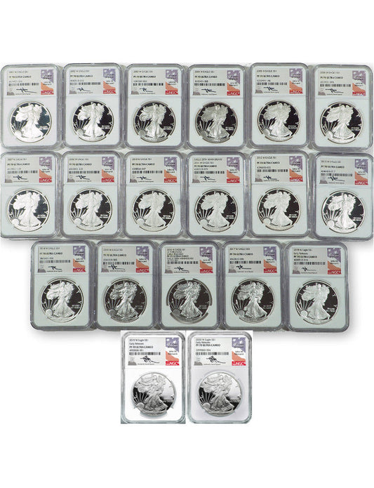 2001-2021 W Proof American Silver Eagle Set NGC PF70 Ultra Cameo Mercanti Signed