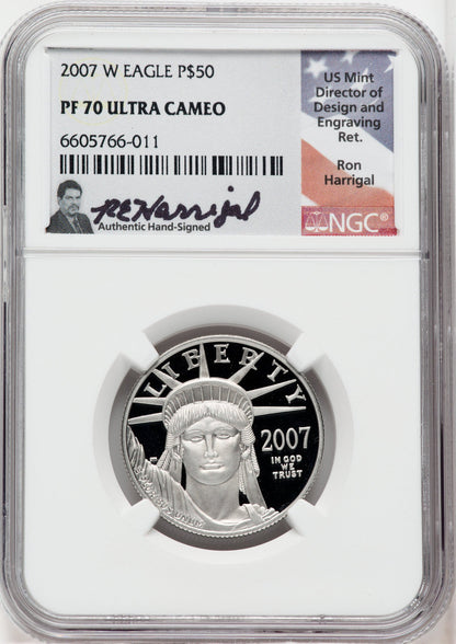 2007-W $50 Half-Ounce Platinum Eagle NGC PF70 Ron Harrigal Signed