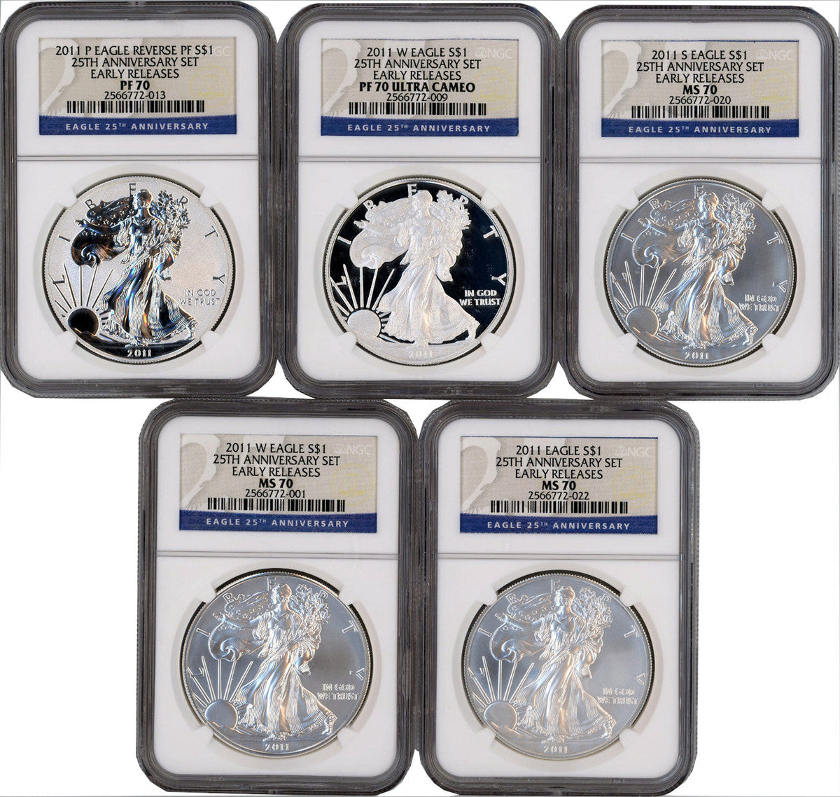 2011 Silver Eagle 25th Anniversary 5-pc Set Early Releases NGC MS70/PF70