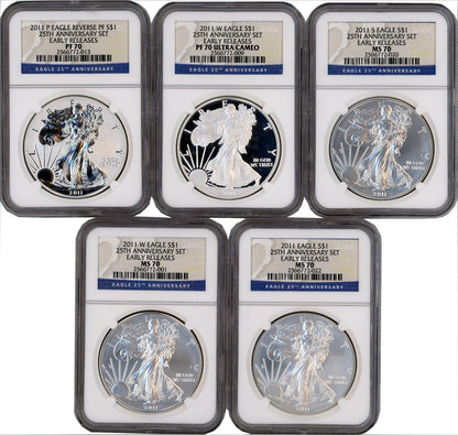 2011 Silver Eagle 25th Anniversary 5-pc Set Early Releases NGC MS70/PF70