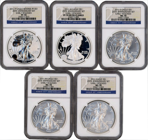 2011 Silver Eagle 25th Anniversary 5-pc Set Early Releases NGC MS70/PF70