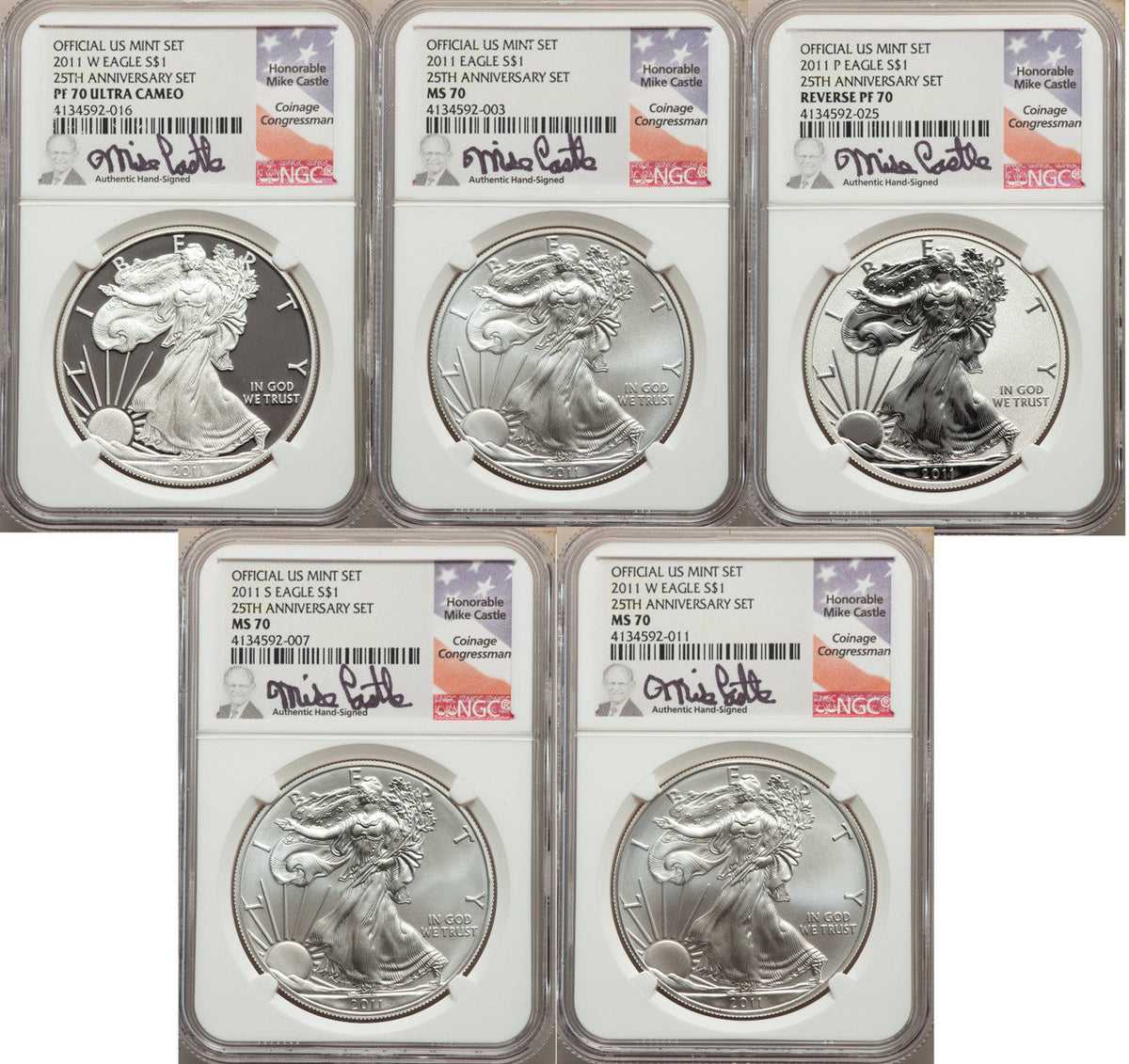 2011 Silver Eagle 25th Anniversary 5-pc Set NGC 70 Castle Signed