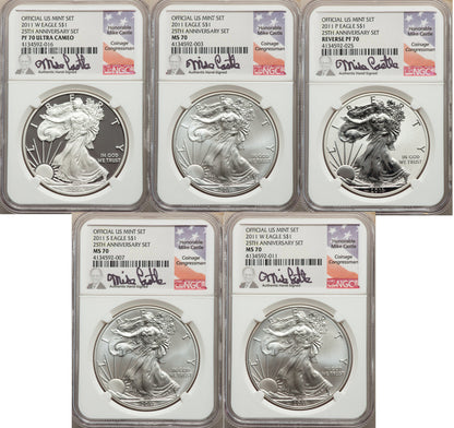 2011 Silver Eagle 25th Anniversary 5-pc Set NGC 70 Castle Signed