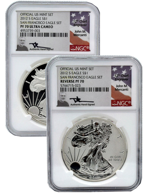 2012-S US Mint American Silver Eagle 2pc Set Reverse PF70 and PF70 Mercanti Signed
