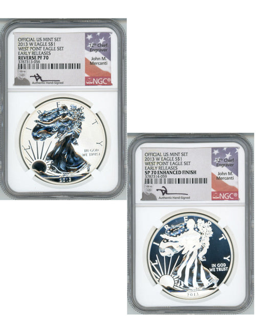 2013-W Silver Eagle 2pc Set Reverse PF70 and SP70 NGC John Mercanti Signed