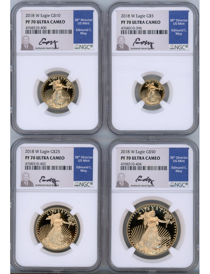 2018-W Gold Eagle Proof 4-Coin Year Set NGC PF70 Ed Moy Signed