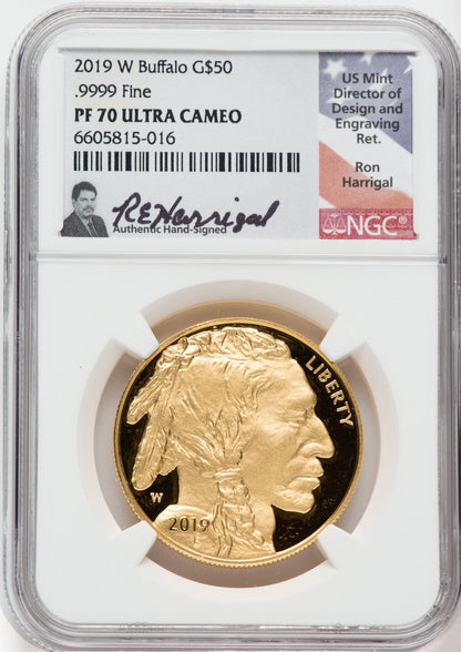 2019-W $50 Gold Buffalo .9999 NGC PF70 UCAM Ron Harrigal Signed